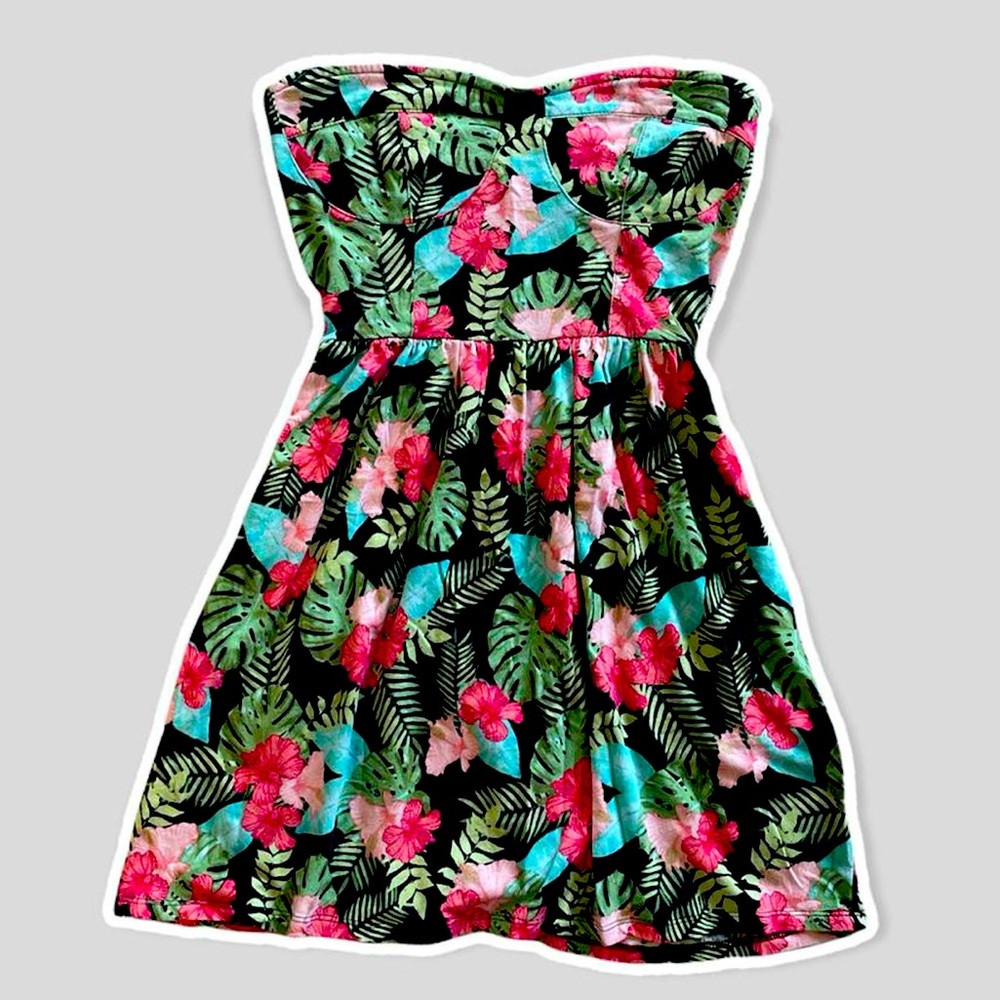 H&M Tropical Strapless Dress - Black, Pink, Green